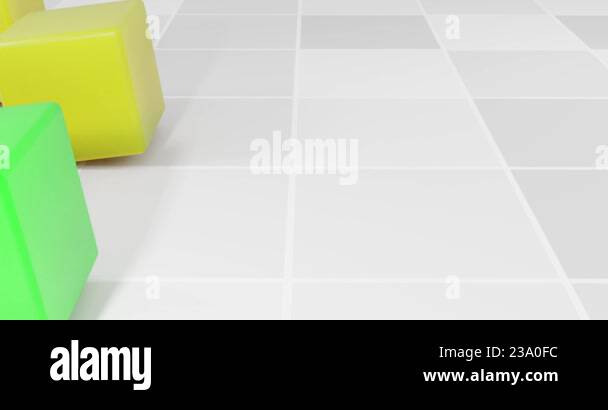 colored cubes rotating and rolling on a grayscale tile floor. 4k loop ...