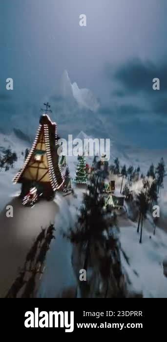 Animation of Santa and his reindeer flying over a small cozy village ...
