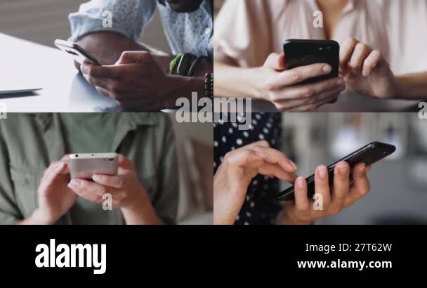 Close up collage, hands variety of people using their devices ...