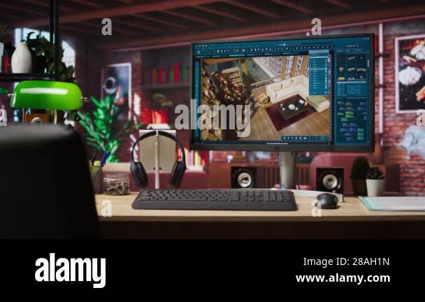 Architectural design software on computer in home office used for ...