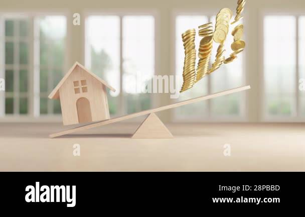 A wooden house model and gold coins balance on a seesaw, symbol ...