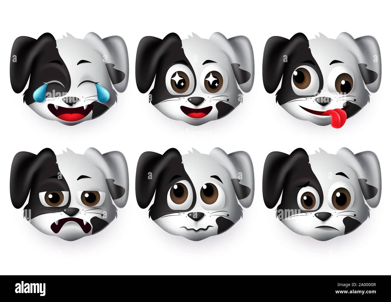 Emojis dog vector set. Puppy dogs animal emoticon head with sad and funny face for design element isolated in white background. Vector illustration 3d. Stock Vector