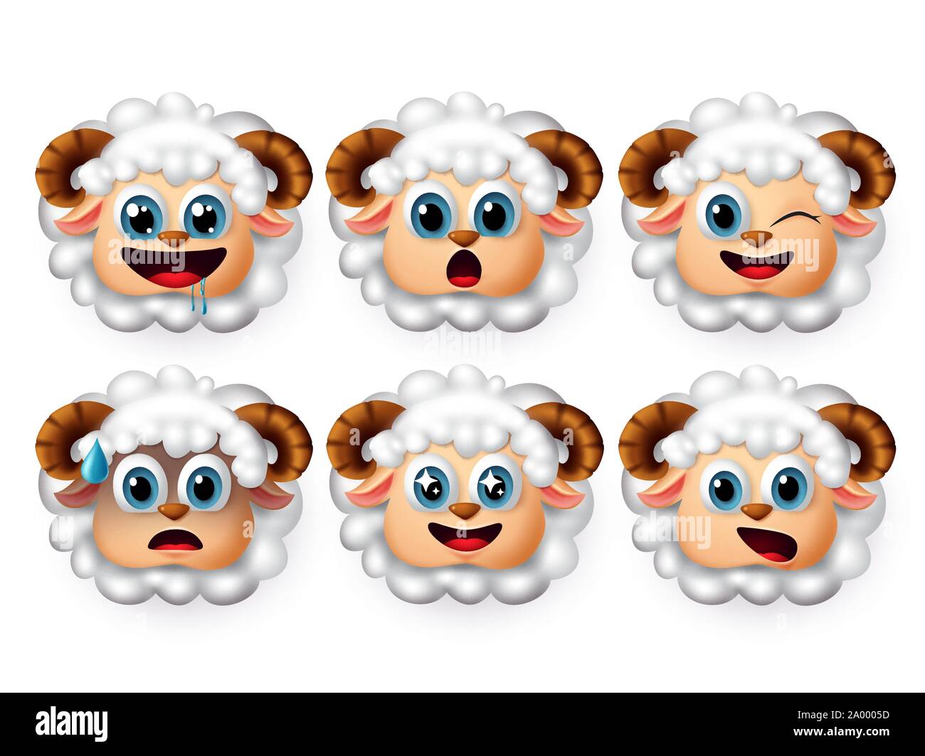 Lamb sheep emoji vector set. Cute lamb emojis and sheep emoticon with facial expression of hungry and surprise isolated in white background. Stock Vector