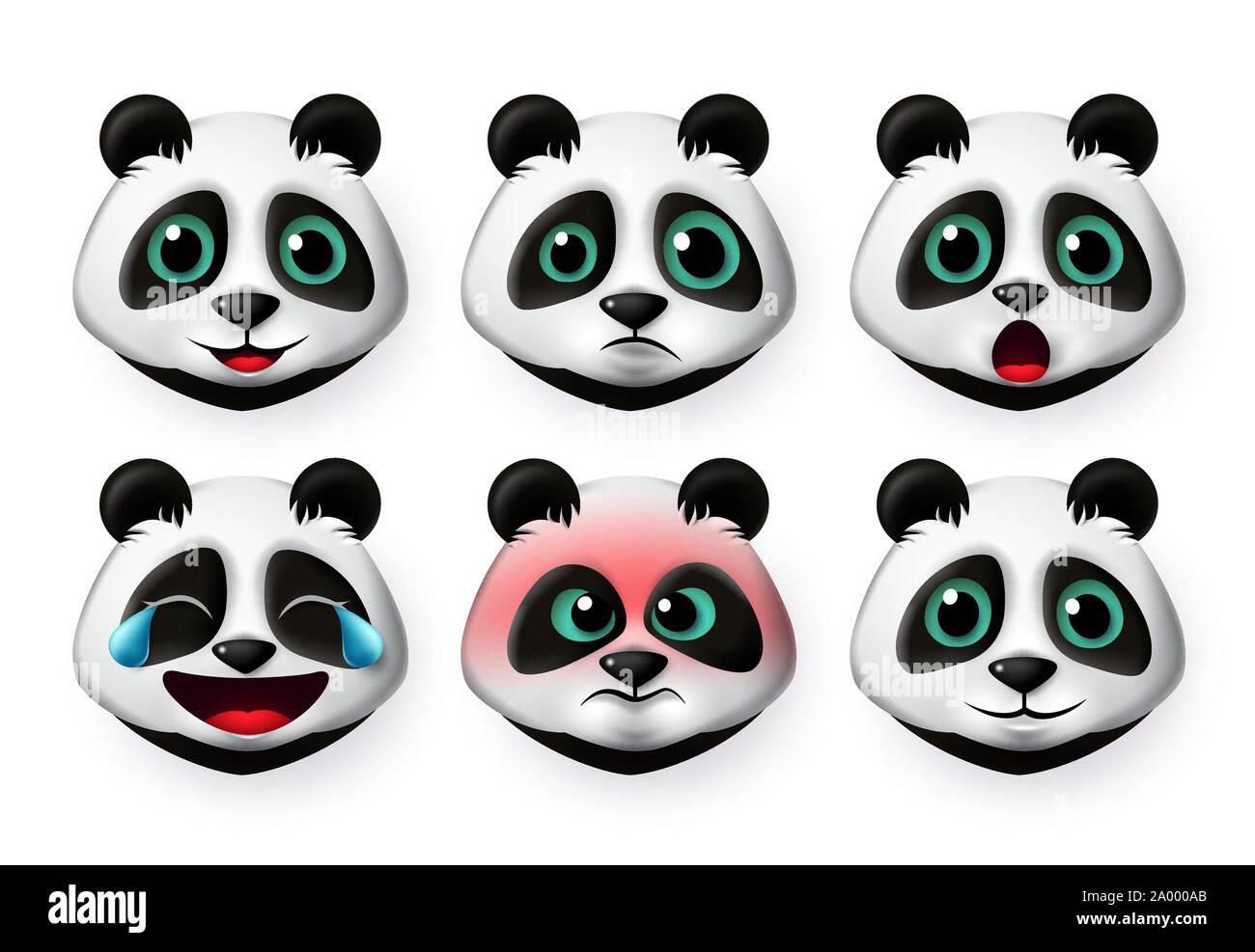 Panda emoji vector set. Big cute panda bear face emoticon in angry and happy emotions for character collection isolated in white background. Stock Vector