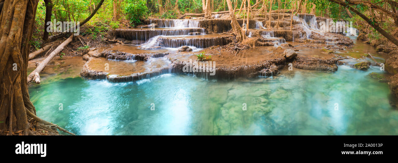 Beautiful waterfall Huai Mae Khamin at Kanchanaburi Province in west Thailand. high resolution panorama Stock Photo