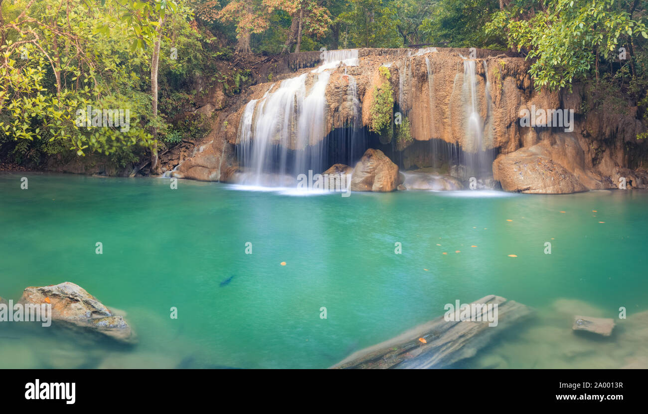 Beautiful waterfall at Erawan national park, Kanchanaburi Province in west Thailand. Panorama Stock Photo