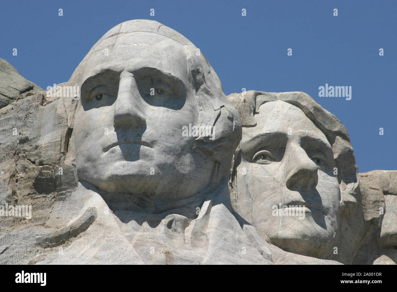 Presidents George Washington and Thomas Jefferson's stone faces on Mount Rushmore in South Dakota. Stock Photo