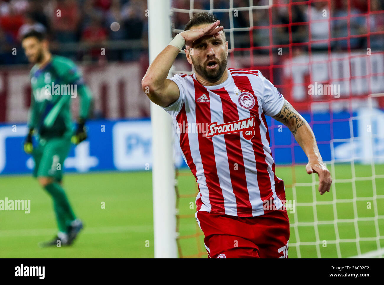 Piraeus, Greece. 18th Sep, 2019. Olympiacos' Mathieu Valbuena celebrates  his goal during the UEFA Champions League group B soccer match between  Olympiacos and Tottenham held in Piraeus, Greece, Sept. 18, 2019. Credit: