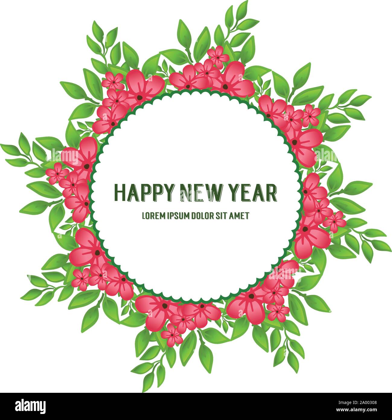 Banner design of happy new year, with drawing of red flower frame ...