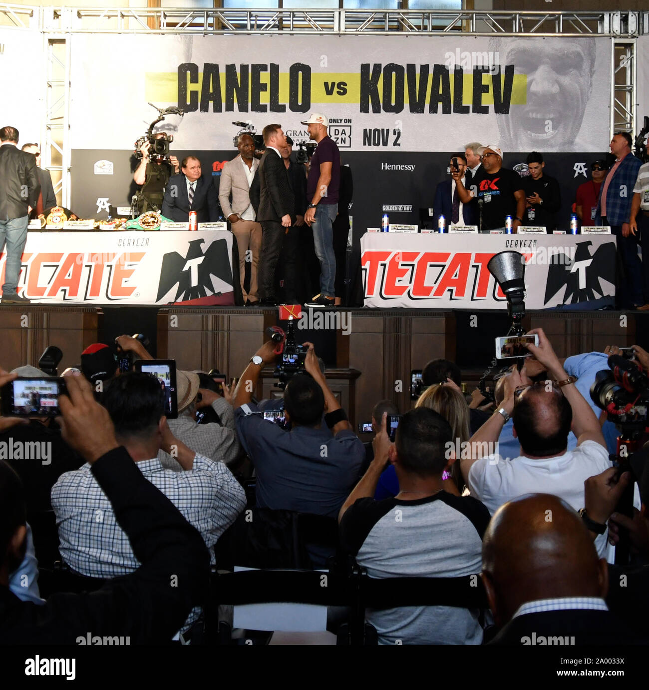 Canelo Alvarez(L) faces off with Sergey 'KRUSHER' Kovale during a Los  Angeles press conference Wednesday. The two will be fighting on Nov 2nd in  Las Vegas at the MGM Grand Hotel and