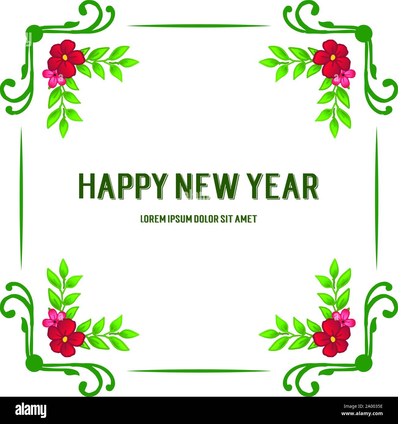 Beautiful greeting card happy new year, with pink flower frame ...