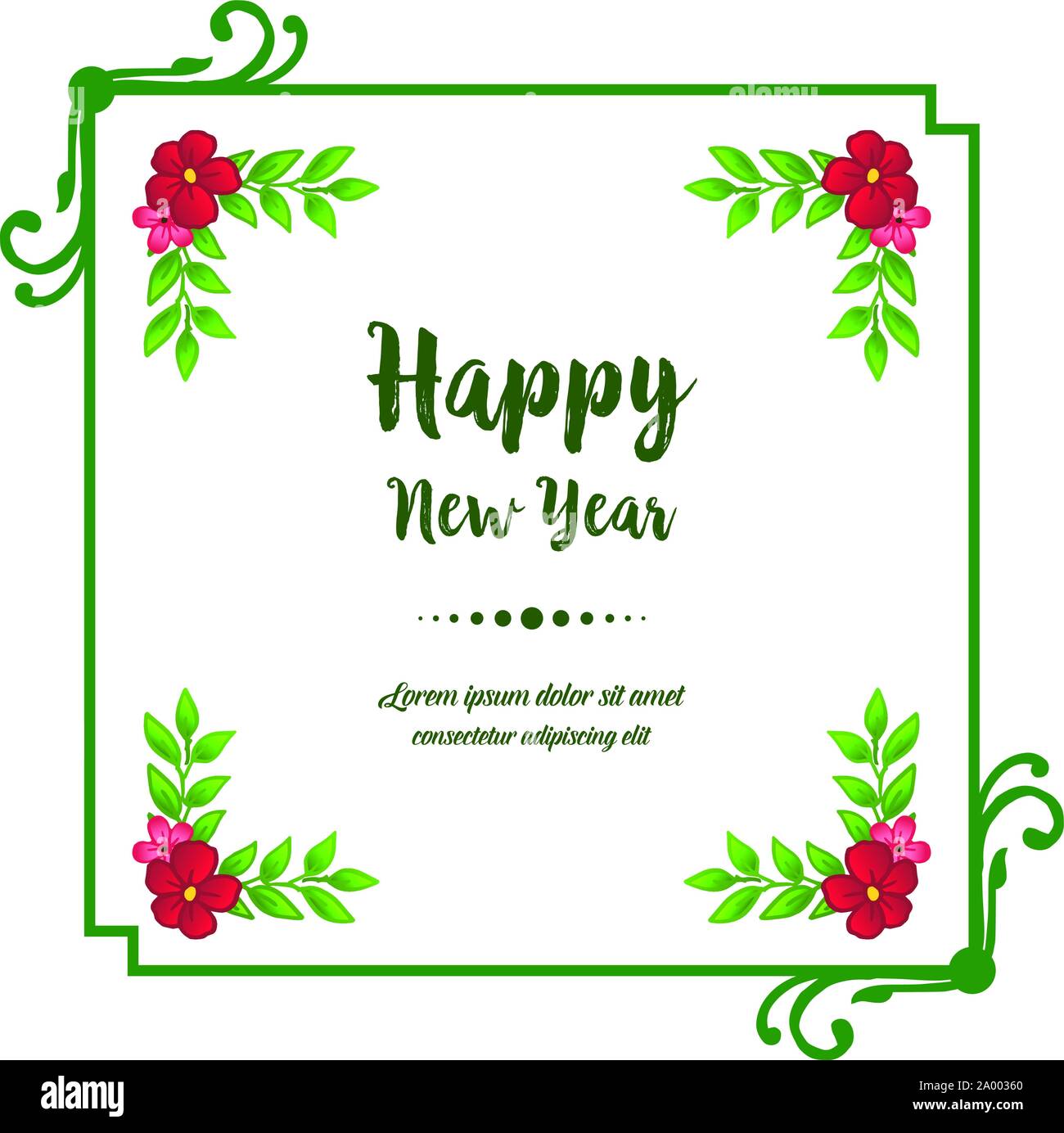 Beautiful greeting card happy new year, with pink flower frame ...