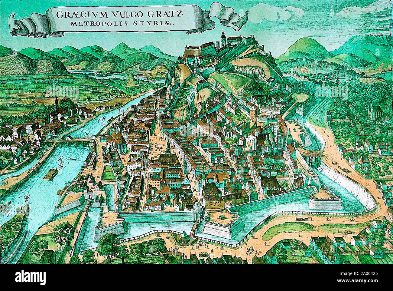 View at Graz from the south; Copper engraving around 1626/1627, Laurenz van de Sype/Wenzel Hollar. 17th century Stock Photo