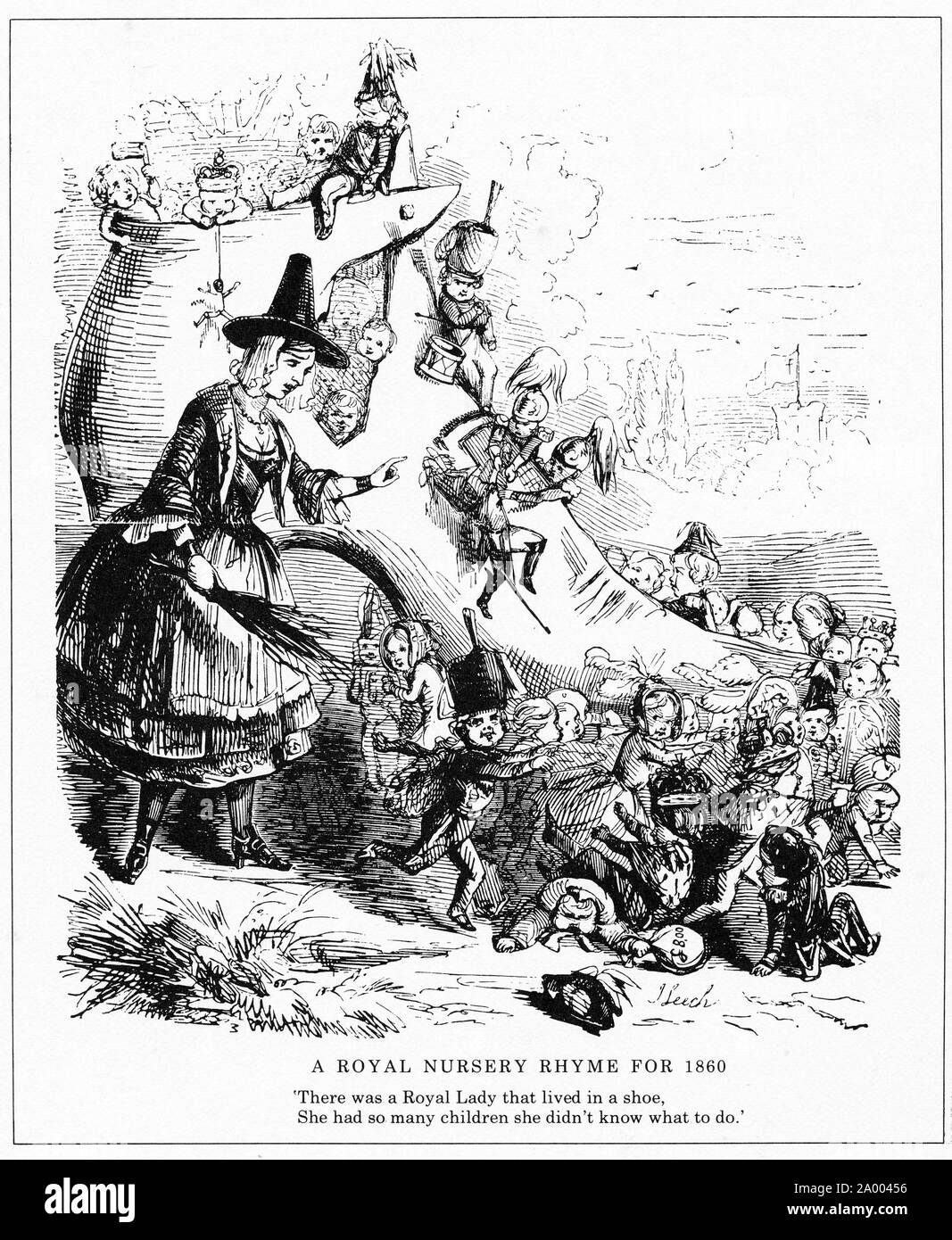 Engraving of a 'royal nursery rhyme', printed after the birth of Queen Victoria's fourth child.. From Punch magazine. Stock Photo