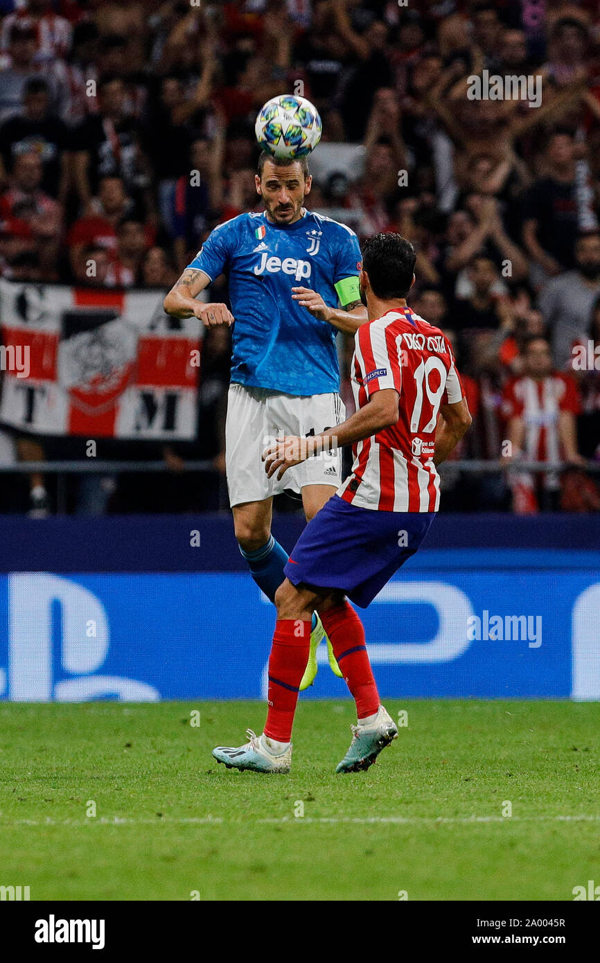 Madrid, Spain. 18th Sep, 2019. Diego Costa of Atletico de Madrid and Leonardo Bonucci of Juventus during UEFA Champions League match between Atletico de Madrid and Juventus at Wanda Metropolitano Stadium in Madrid, Spain. Final score: Atletico de Madrid 2 - Juventus 2. Credit: SOPA Images Limited/Alamy Live News Stock Photo