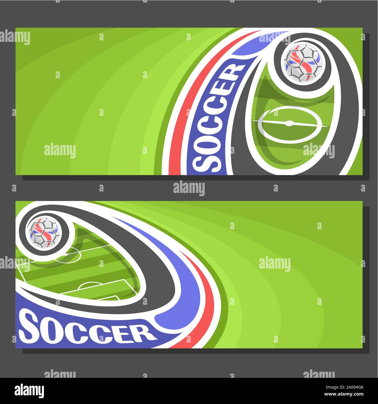 Vector Banners for Soccer: 2 layouts for title on soccer theme, green grass football field top view, soccer ball flying on curve trajectory in goal, i Stock Vector