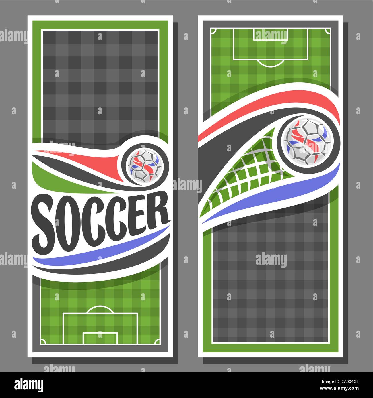 Vector vertical Banners for Soccer: 2 layouts for title on soccer theme, green sports football field top view, soccer ball flying in net of goal, invi Stock Vector