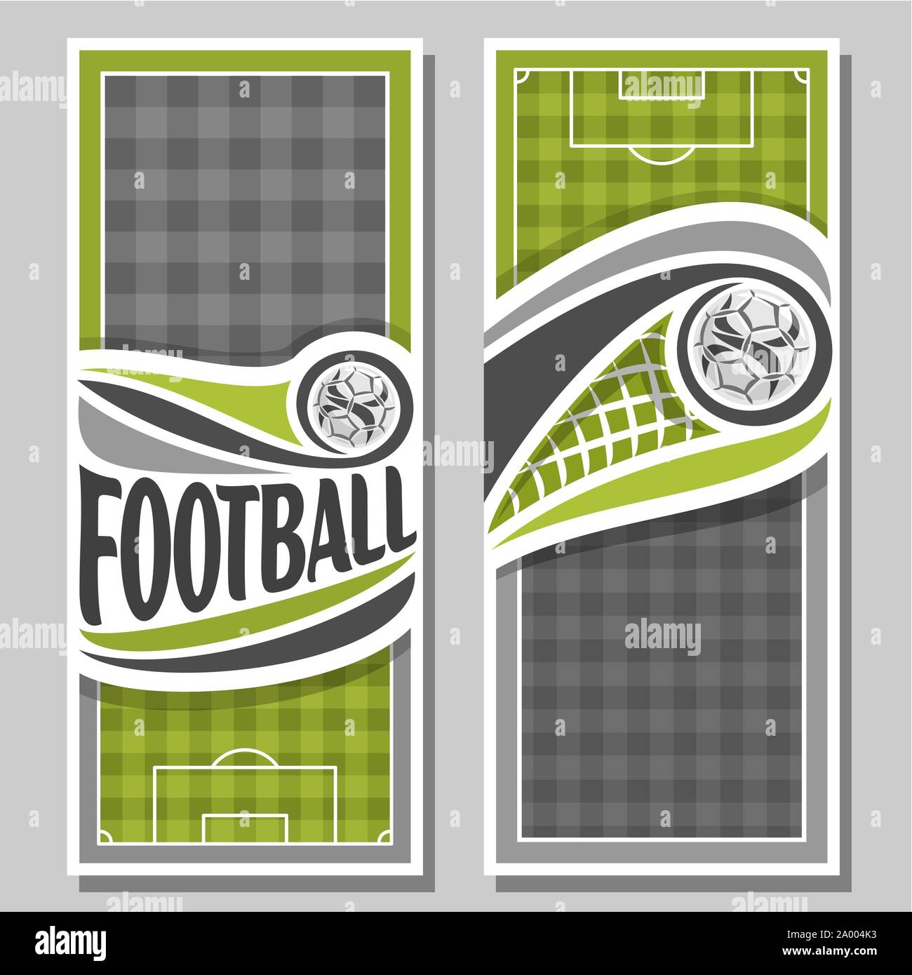 Vector vertical Banners for Football: 2 layouts for title on football theme, soccer ball flying in net of goal, sports football field top view, invita Stock Vector