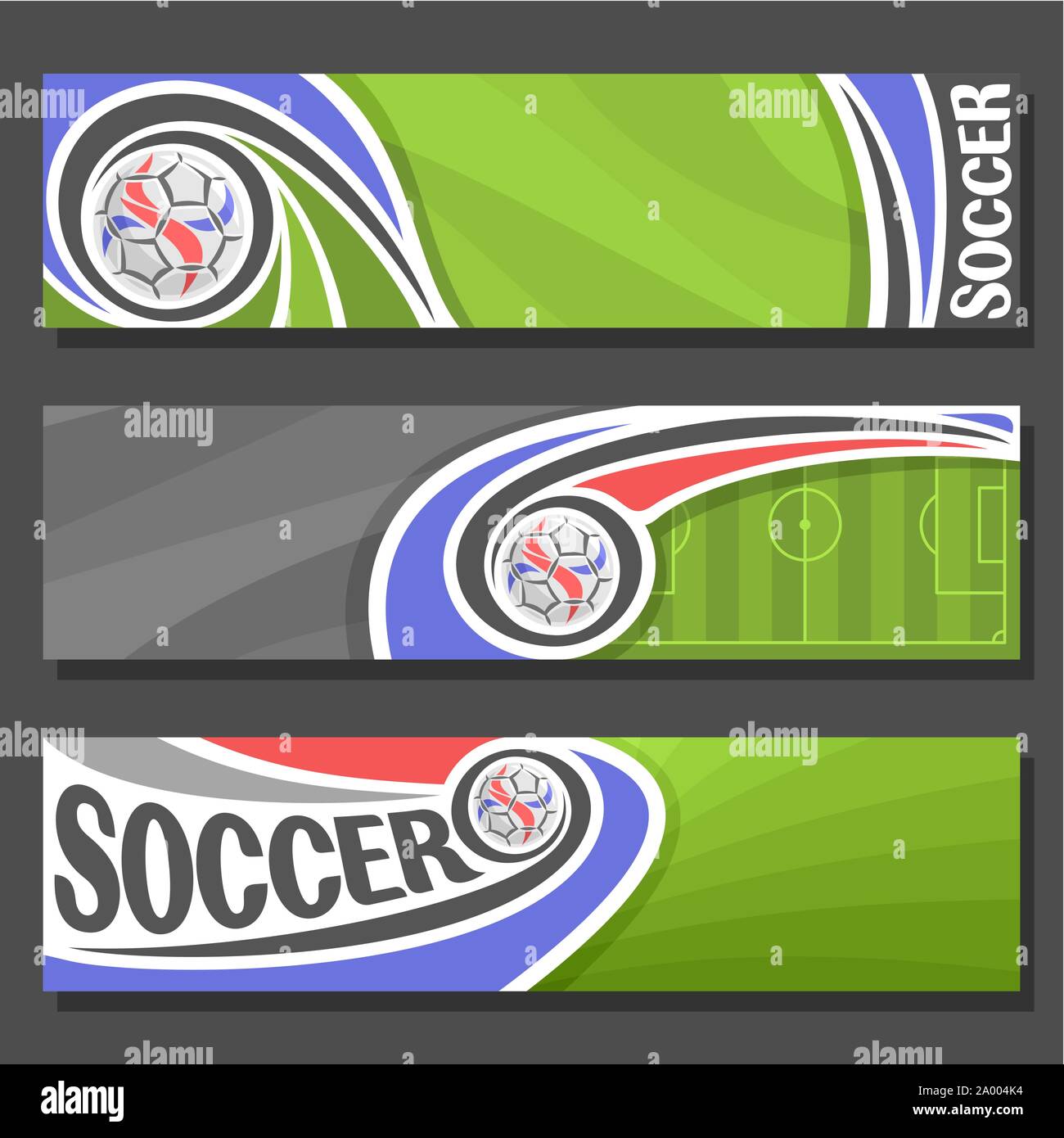 Vector Banners for Soccer: 3 layouts for title on soccer theme, green sports football field top view, soccer ball flying on curve trajectory in goal, Stock Vector