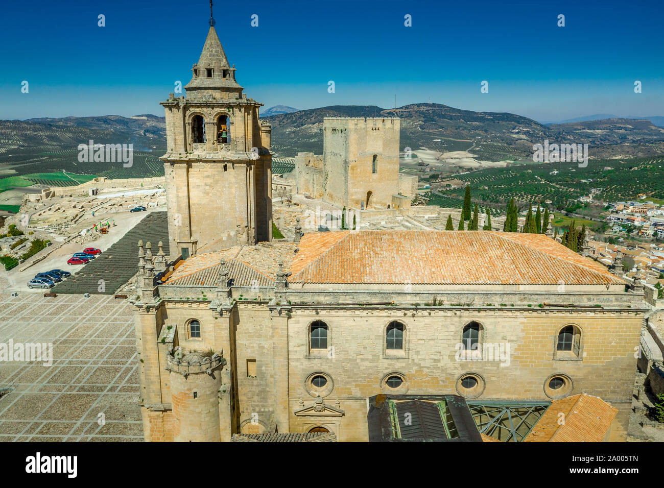 Alcala la Real aerial panorama view of the medieval ruined hilltop  fortress from the Arab times in Andalucia Spain near Granada Stock Photo