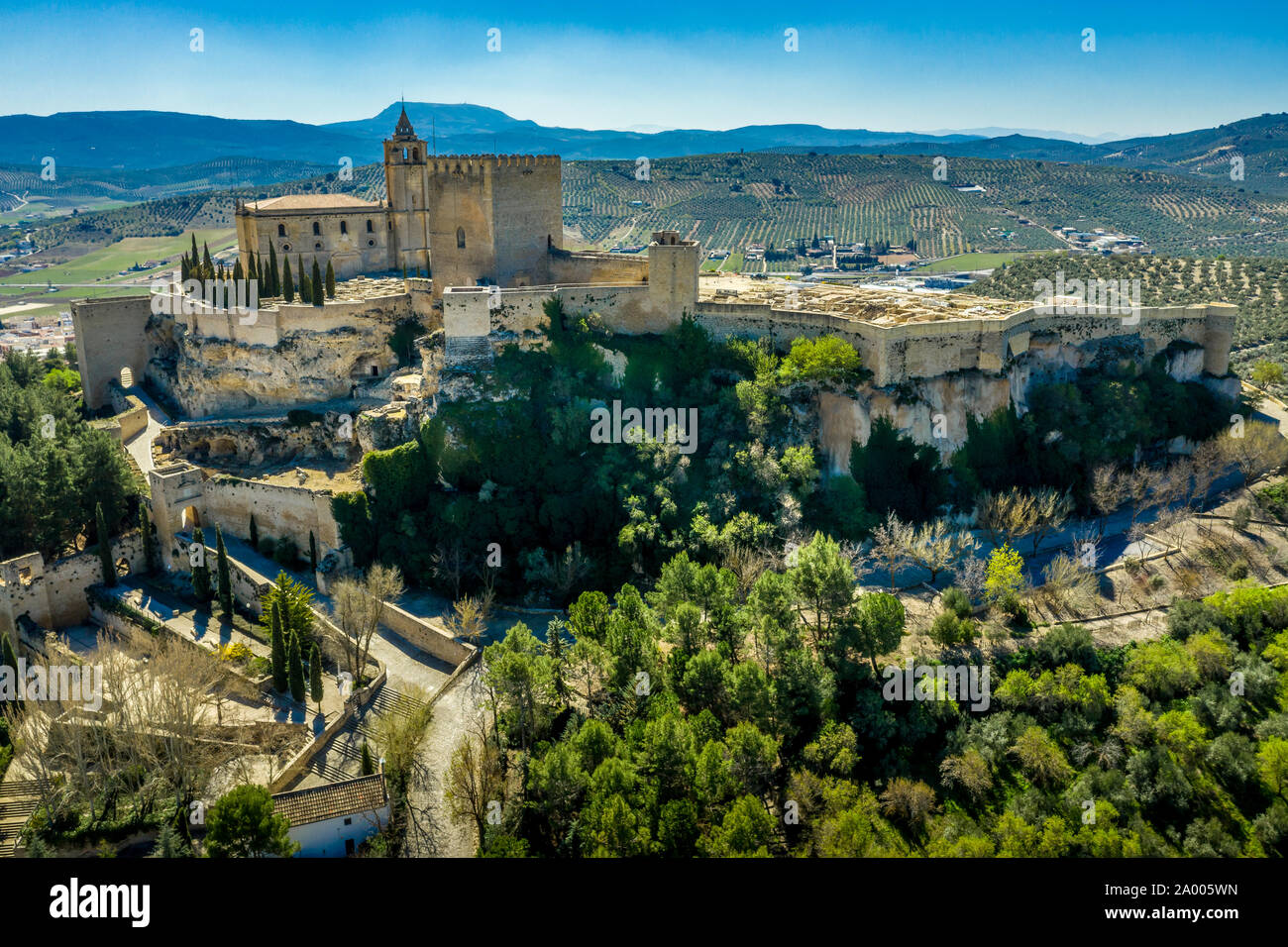 Alcala la Real aerial panorama view of the medieval ruined hilltop  fortress from the Arab times in Andalucia Spain near Granada Stock Photo