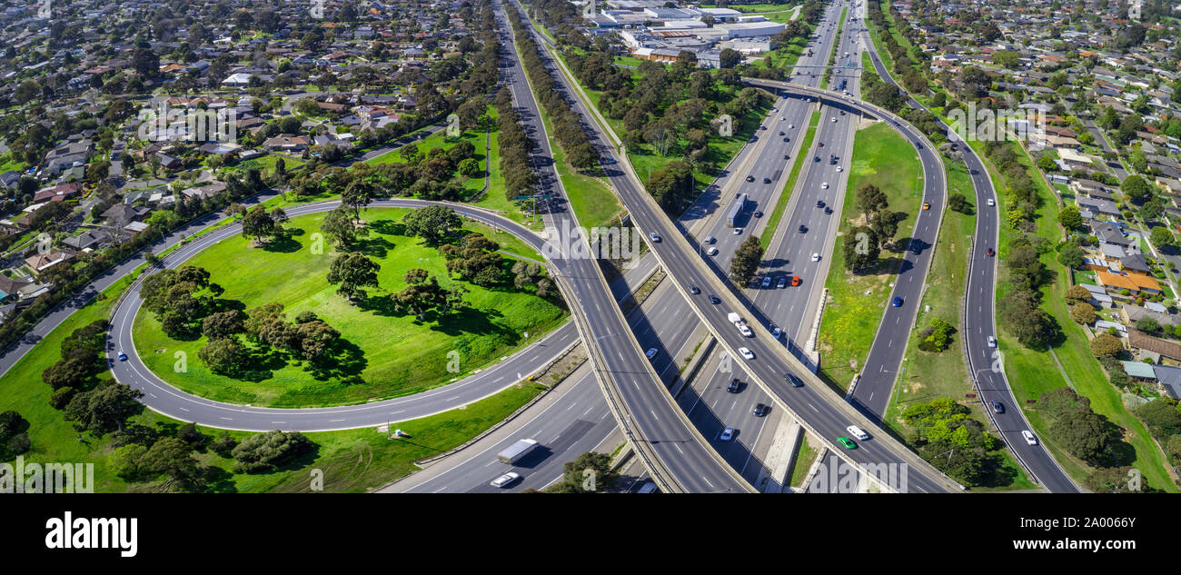 Monash freeway and Wellington road interchange in Mulgrave suburb - aerial panoramic landscape Stock Photo