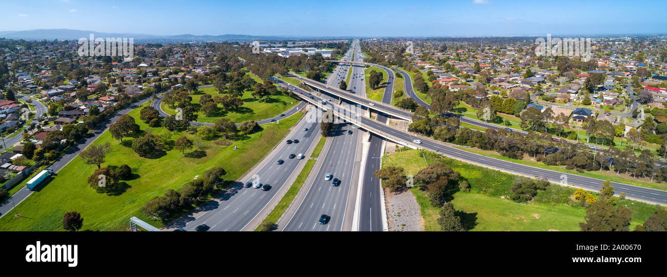 Aerial panorama of Monash Freeway and Wellington Road interchange in Mulgrave suburb of Melbourne, Australia Stock Photo