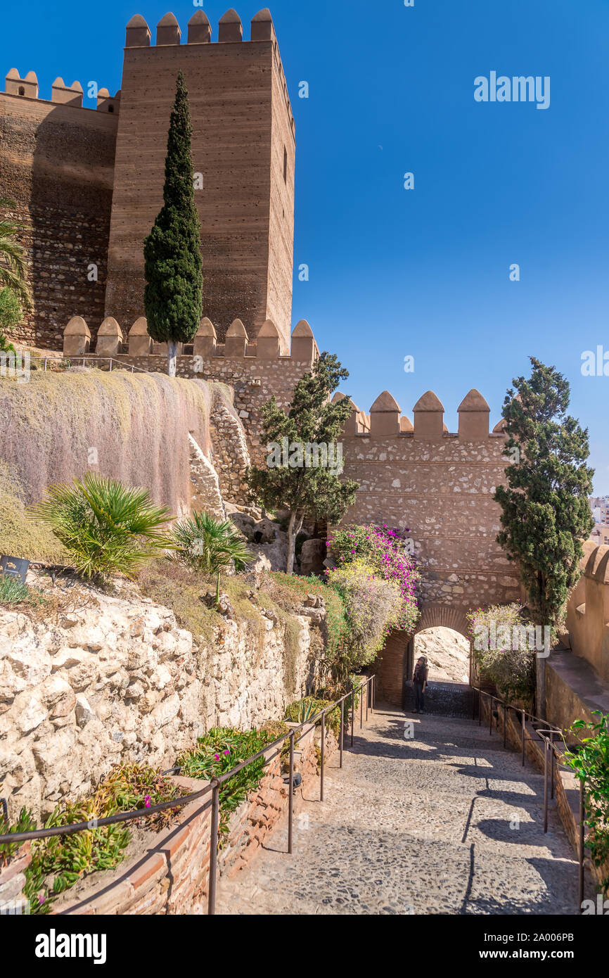 Almeria medieval castle panorama with blue sky from the air in Andalusia Spain former Arab stronghold Stock Photo