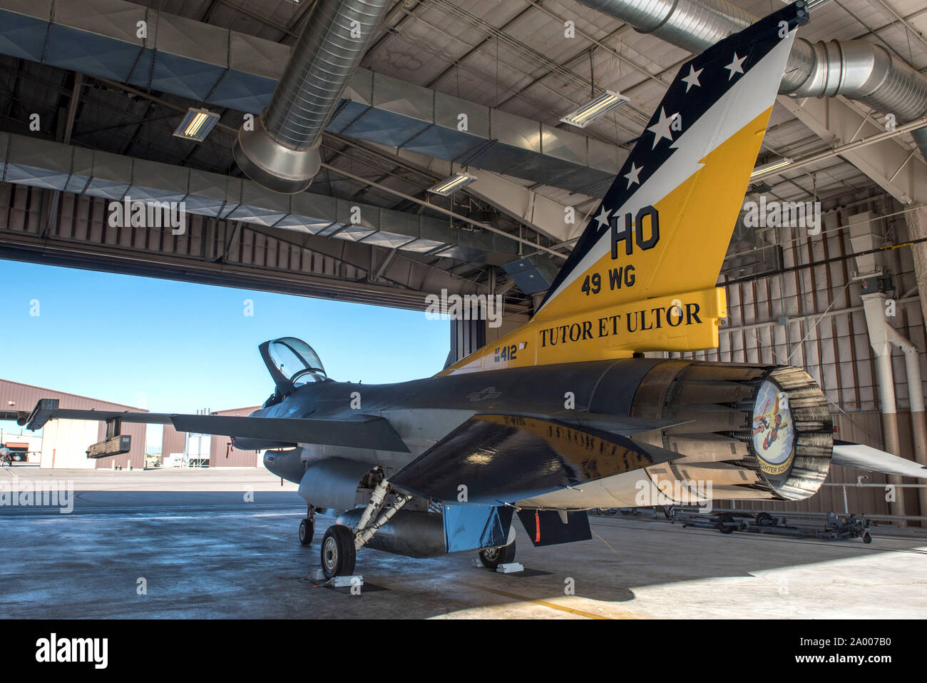 The 49th Wing F-16 Fighting Falcon Flagship sits in a hangar on Holloman Air Force Base, N.M., Sept. 18, 2019. This was the first time that an aircraft has been re-designed on Holloman. (U.S. Air Force photo by Staff Sgt. Christine Groening) Stock Photo