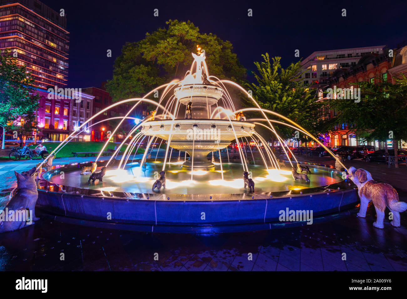 Toronto's Berczy Park Dog fountain night time long exposure.  Two-tier fountain with cast-iron statues of 27 dogs and a cat. Stock Photo