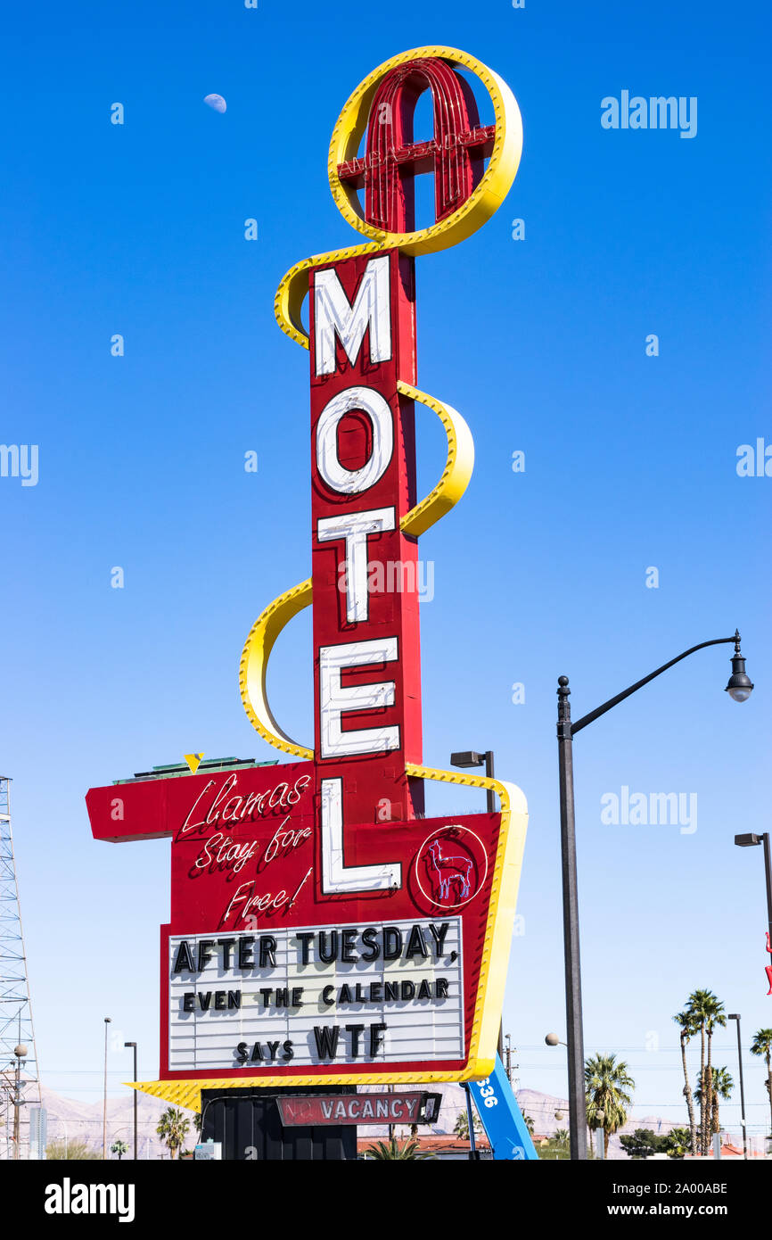 Las Vegas, USA - March 6, 2017 : Downtown Motel historical sign in Fremont Street Entertainment District. Fremont Street is the second most famous street in the Las Vegas Valley. Stock Photo