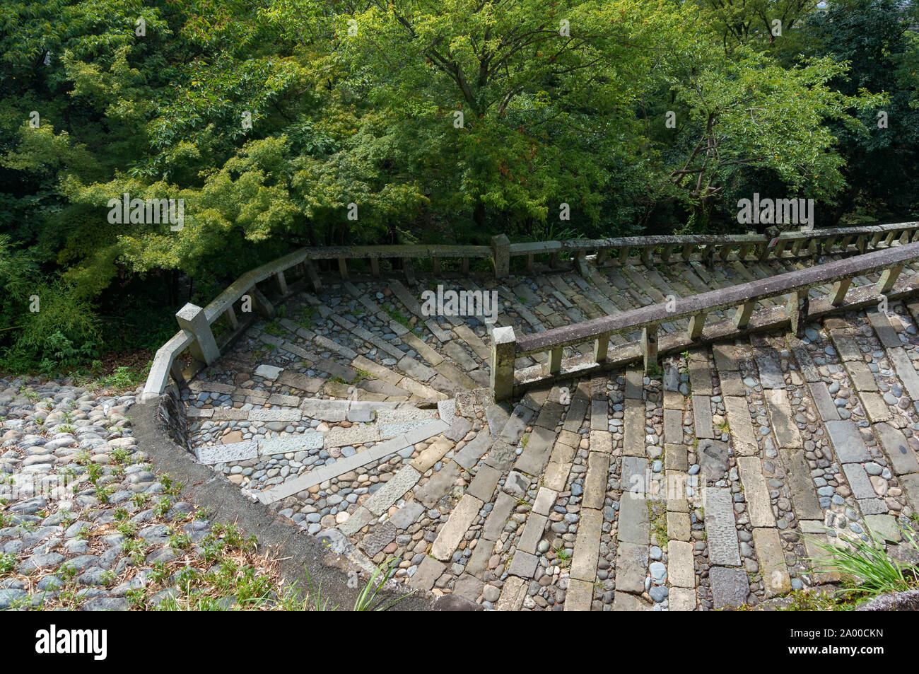 Aerial view, view from above on stone staircase bend. Kunozan Tosho-gu shrine staicase, Shizuoka, Japan Stock Photo