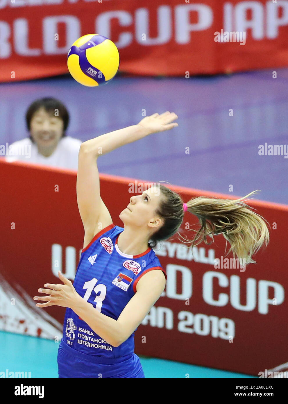 Hamamatsu, Japan. 19th Sep, 2019. Ana Bjelica of Serbia serves during a  round robin match against the Netherlands at the 2019 FIVB Volleyball  Women's World Cup in Hamamatsu, Japan, Sept. 19, 2019.