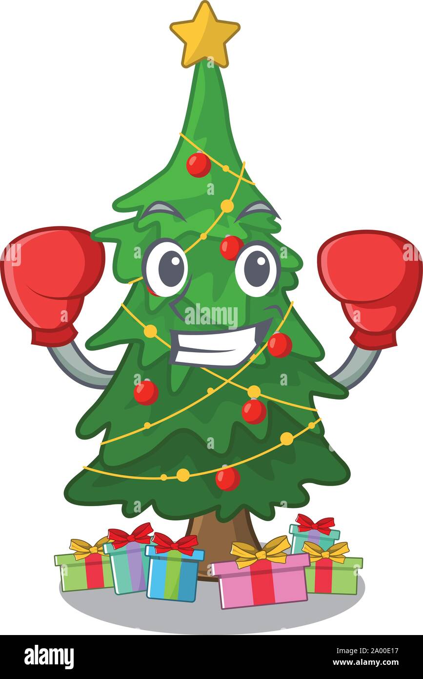 Boxing christmas tree cartoon shape a character Stock Vector Image