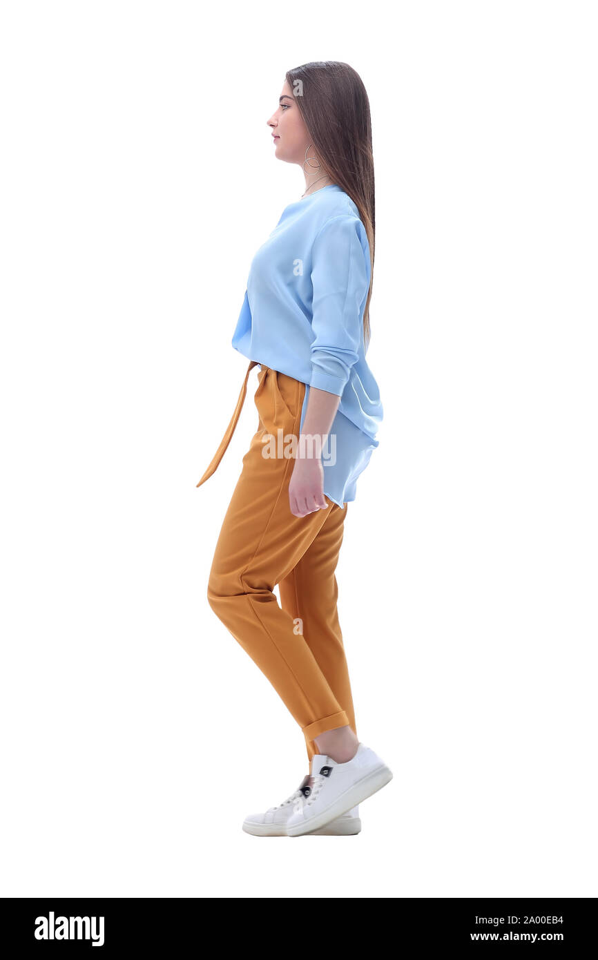 side view. young modern woman stepping forward Stock Photo Alamy
