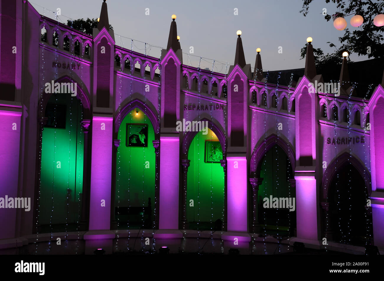 Mumbai, Maharashtra, India, Southeast Asia - Christmas Day; Light Illuminated on Mount Mary Church, is a Roman Catholic Basilica located in Bandra. Stock Photo