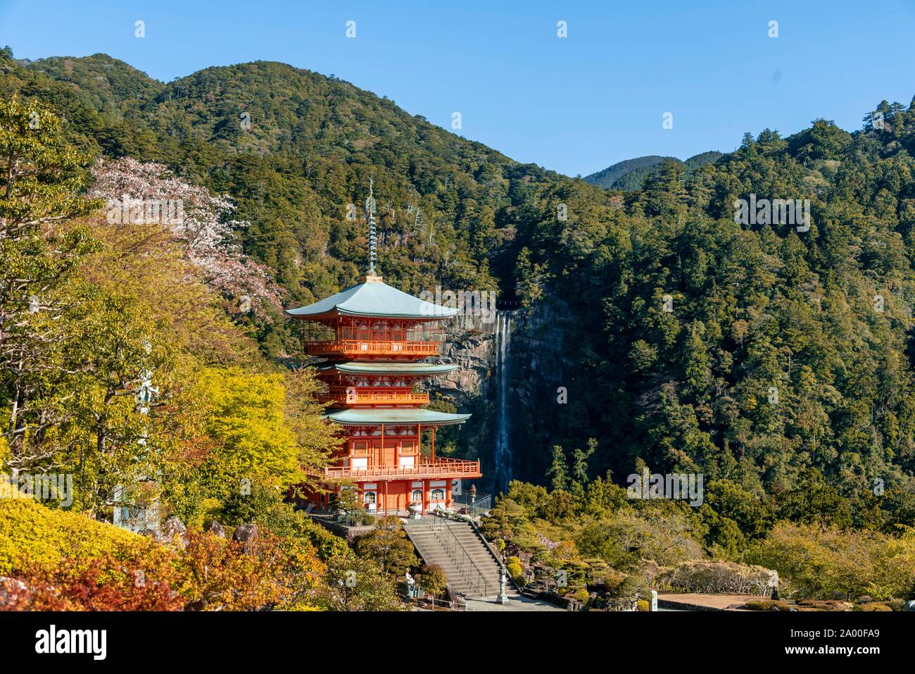 Nachi waterfall behind pagoda of Seigantoji Temple, Nachisan, Wakayama, Japan Stock Photo