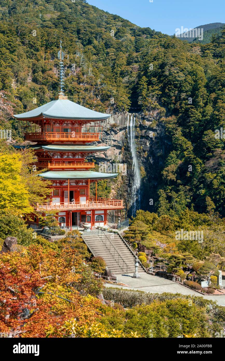 Nachi waterfall behind pagoda of Seigantoji Temple, Nachisan, Wakayama, Japan Stock Photo