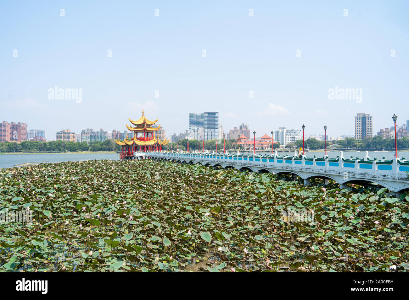 The Wuliting Pagoda at the end of a bridge at the Lotus Lake in Kaohsiung City, Taiwan. This Pagoda and Lake are one of Kaohsiungs must see locations Stock Photo