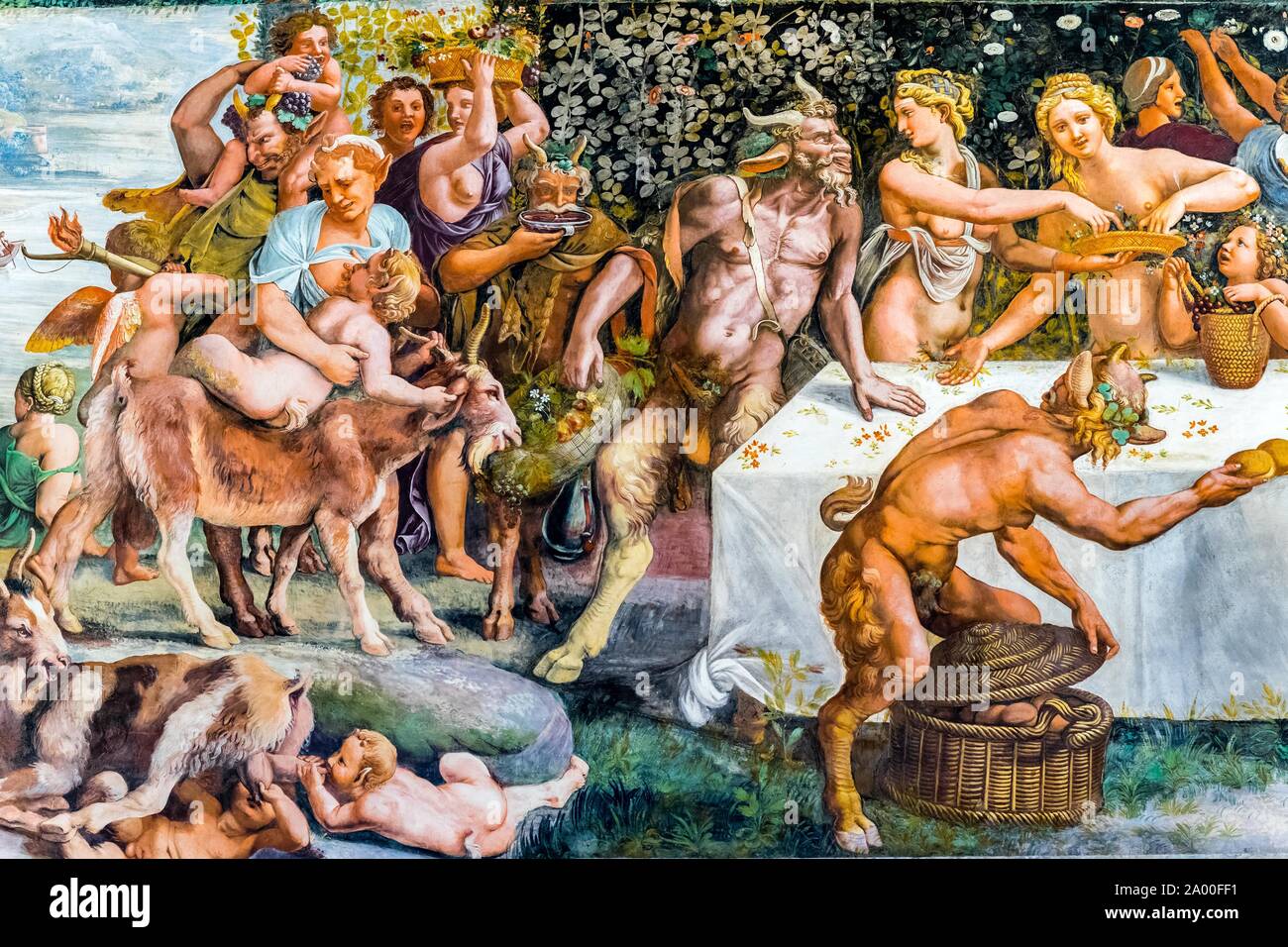 Banquet with lustful faun, mythological fresco by Giulio Romano, Hall of Amor and Psyche, Camera di Amore e Psiche, Palazzo Te pleasure palace Stock Photo