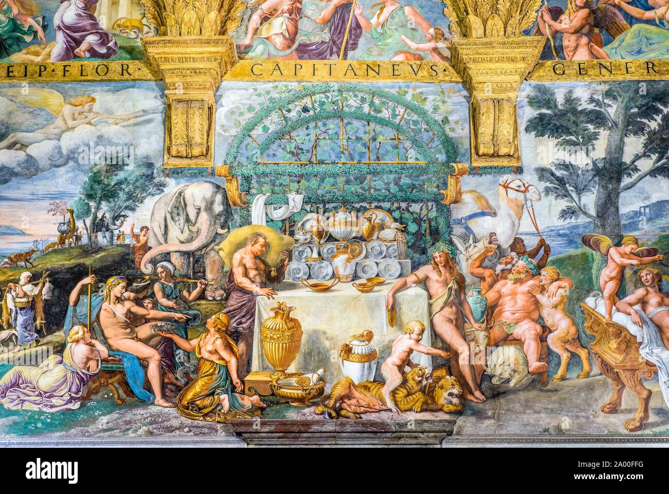 Wedding banquet of Cupid and Psyche, mythological fresco by Giulio Romano in the hall of Amor and Psyche, Camera di Amore e Psiche, pleasure palace Stock Photo
