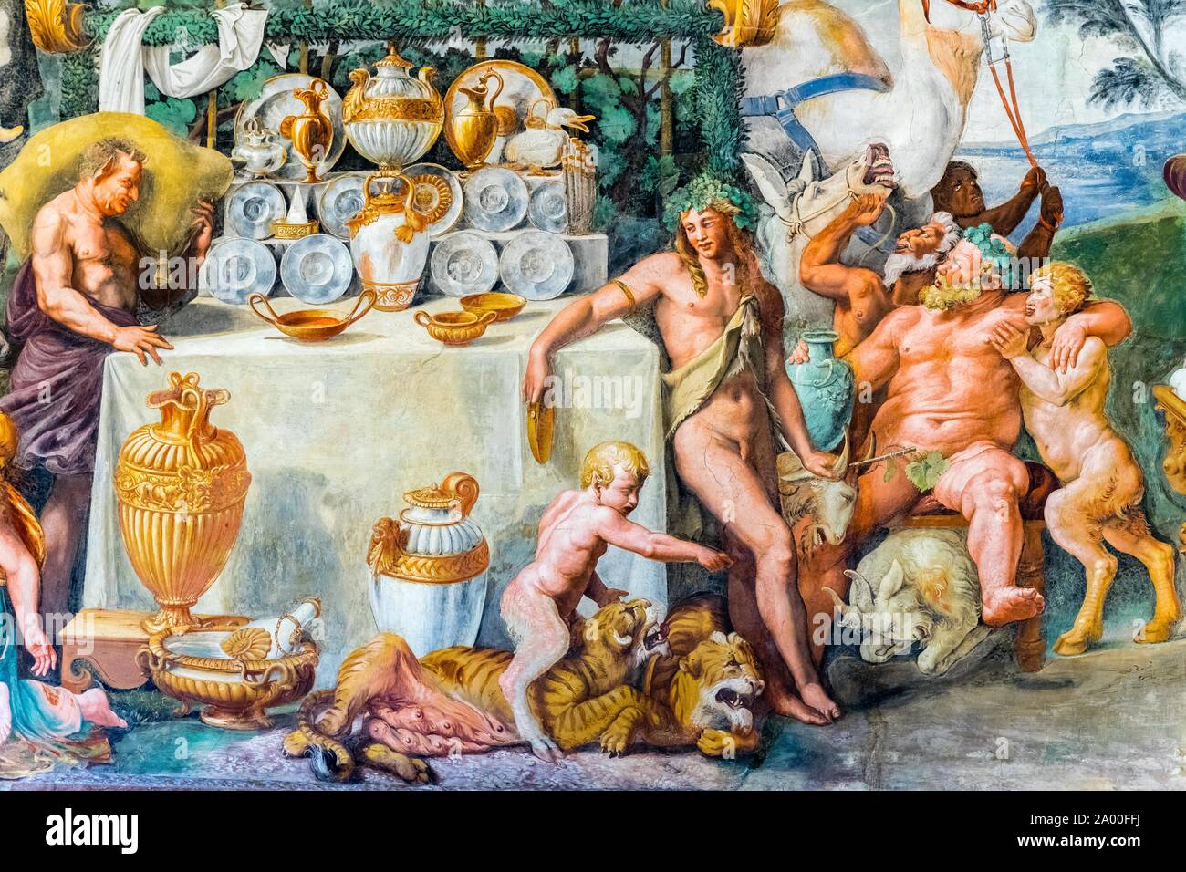 Dionysius and Silenus at the wedding banquet of Cupid and Psyche, fresco by Giulio Romano, hall of Amor and Psyche, Camera di Amore e Psiche Stock Photo