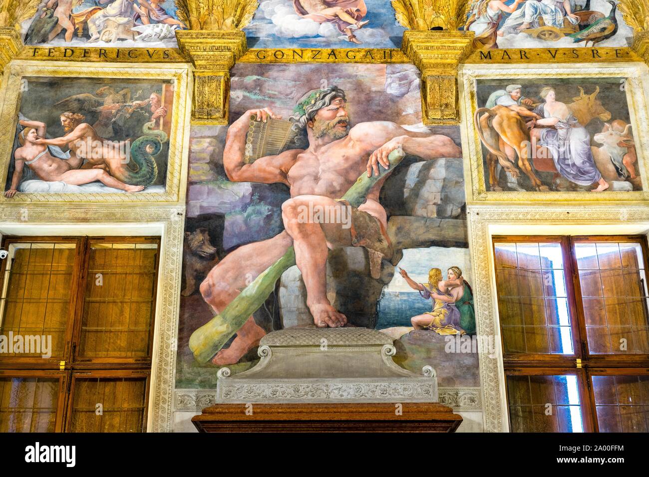 Jupiter and Olympics, Polyphemus with Galatea and Aci, Pasifae and the Bull, Frescoes by Giulio Romano, Hall of Amor and Psyche, Camera di Amore e Stock Photo