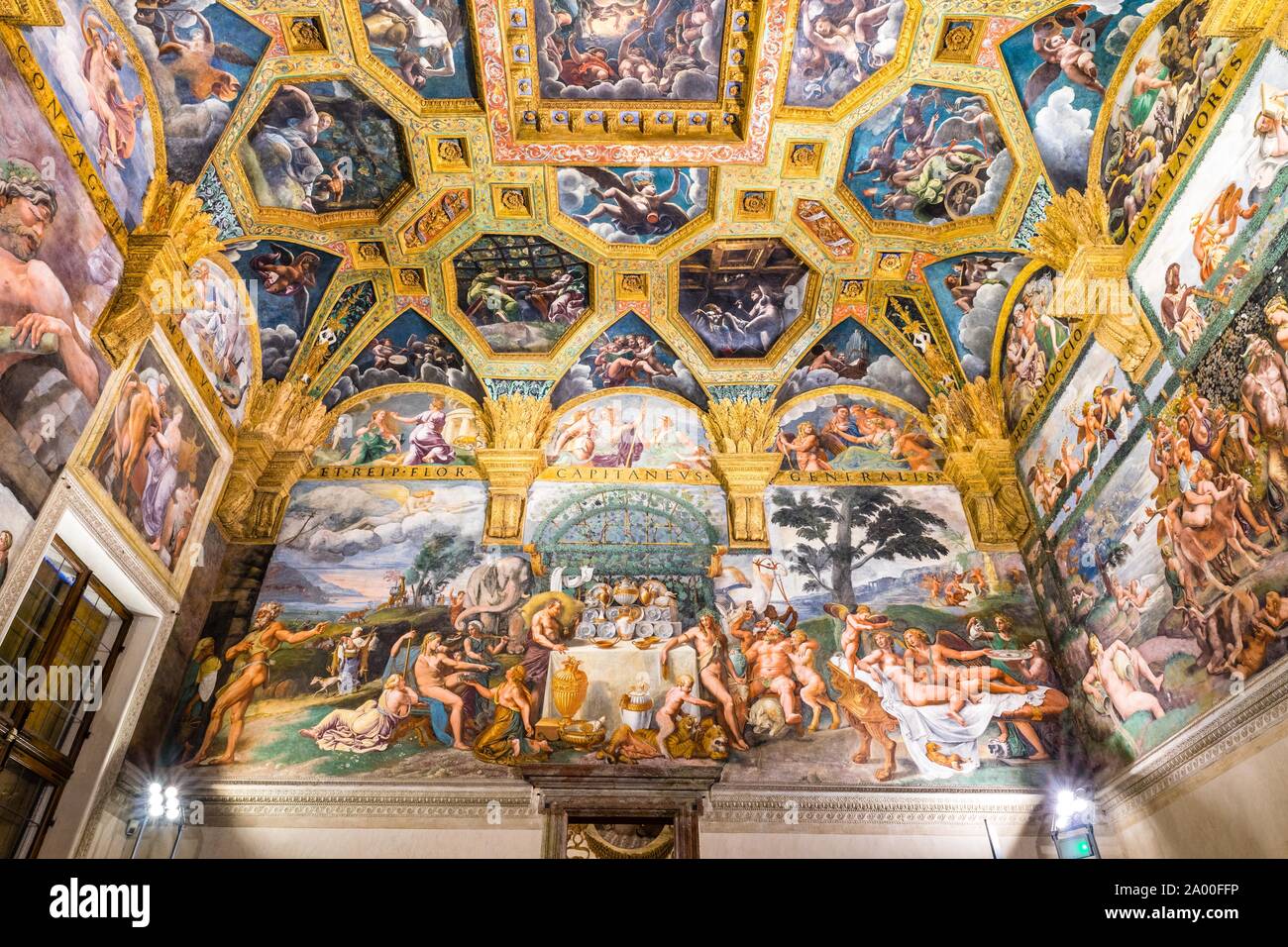 Mythological fresco by Giulio Romano in the hall of Amor and Psyche, Camera di Amore e Psiche, pleasure palace Palazzo Te, Mantua, Lombardy, Italy Stock Photo