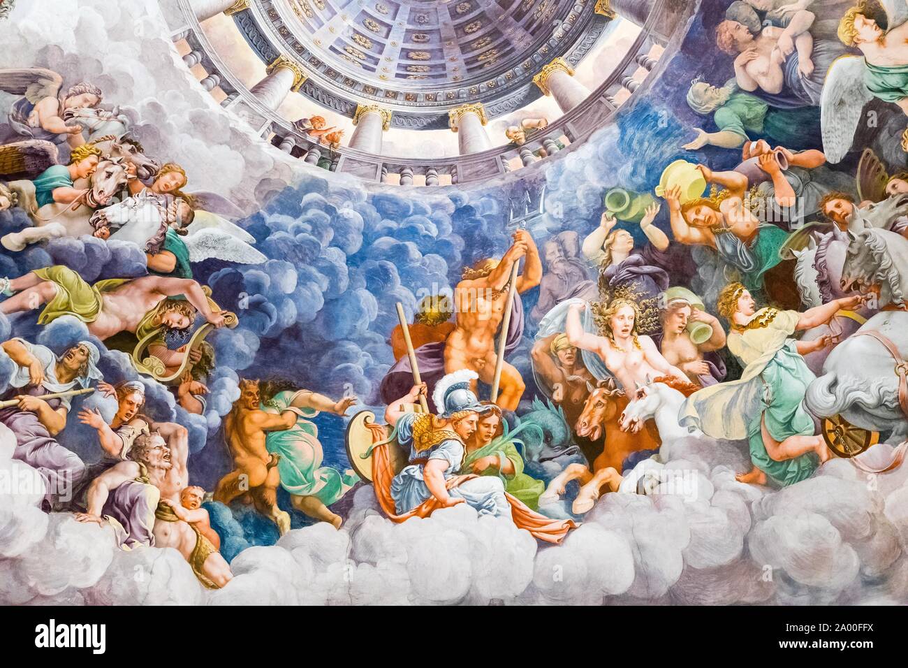 Neptune,, Battle of the Gods on Mount Olympus against the Giants on Earth, illusionistic fresco by Giulio Romano, Sala dei Giganti, Palazzo Te Stock Photo
