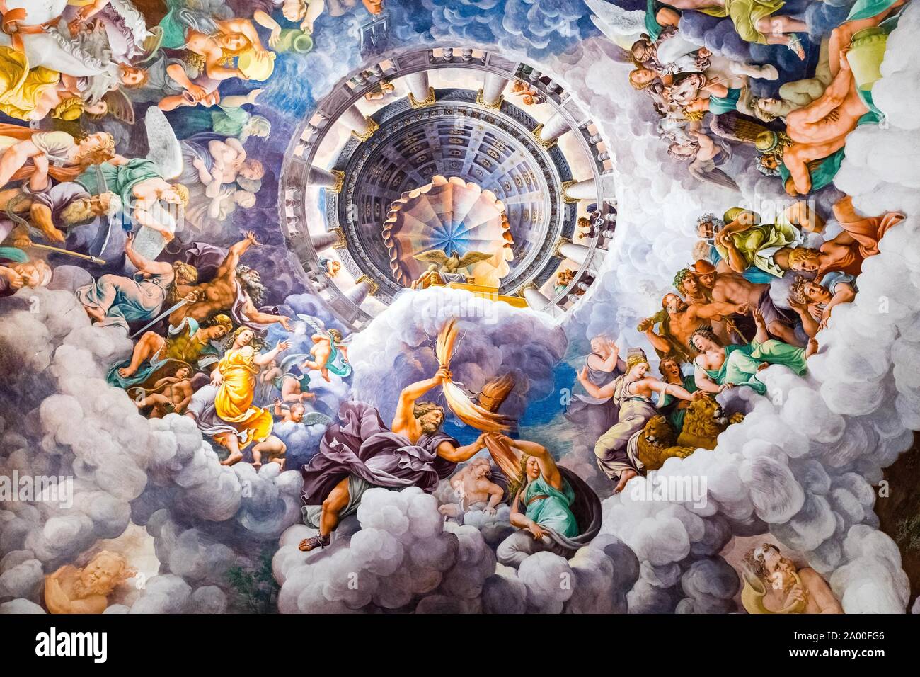 Jupiter hurls lightning, battle of the gods on Olympus against the giants on earth, illusionistic fresco by Giulio Romano, Sala dei Giganti, pleasure Stock Photo