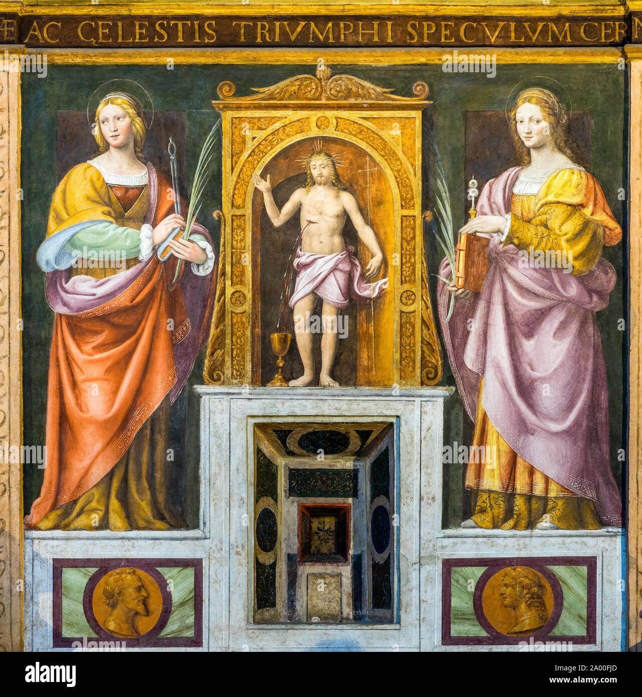 St. Apollonia and St. Lucia, frescoes with saints by Bernardino Luini, Renaissance, Church of San Maurizio al Monastero Maggiore, Milan, Lombardy Stock Photo