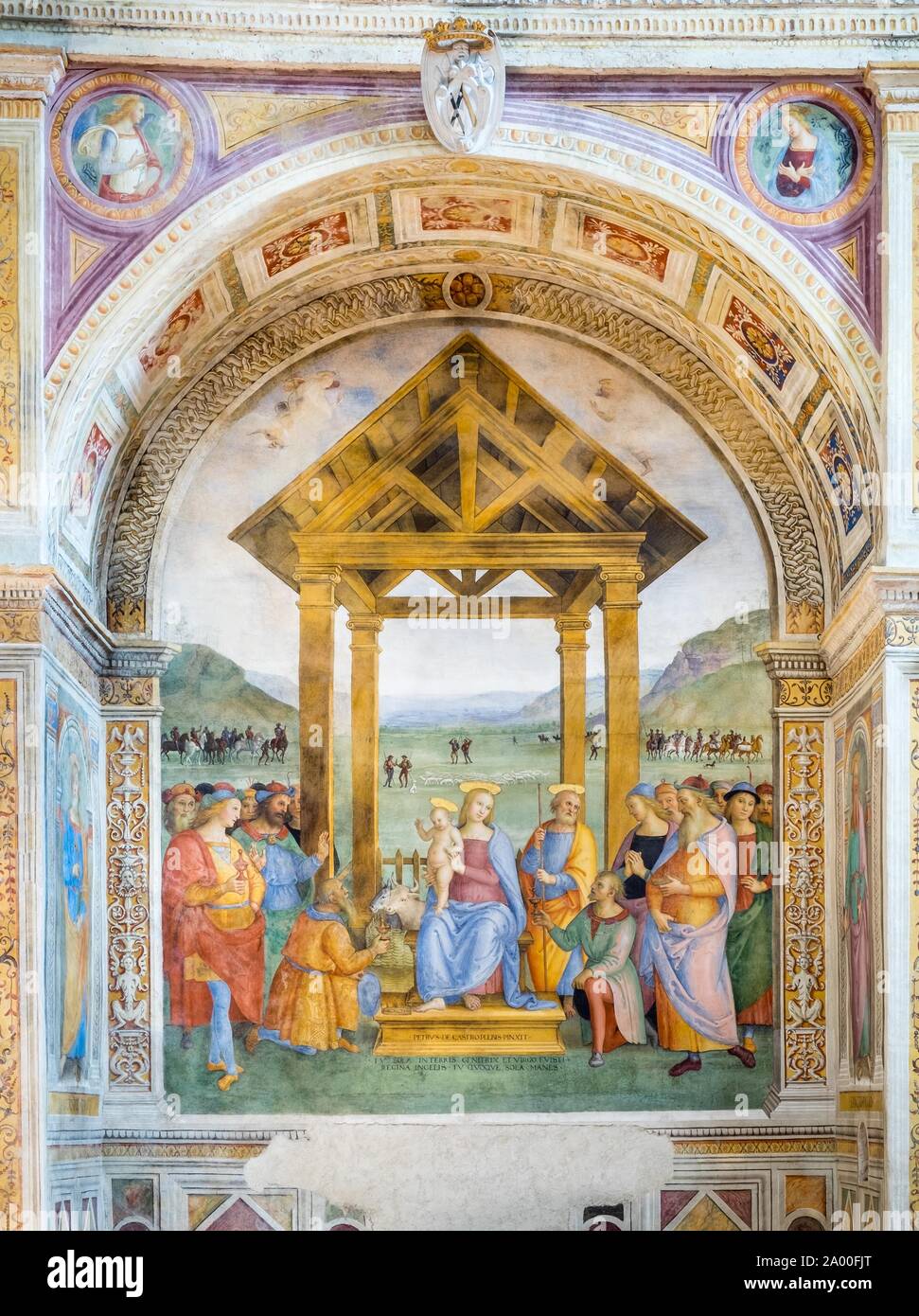 Side chapel with Adoration of the Three Magi, fresco by Pietro Vannucci called Perugino, 1512, church Madonna delle Lacrime, Trevi, Province of Stock Photo