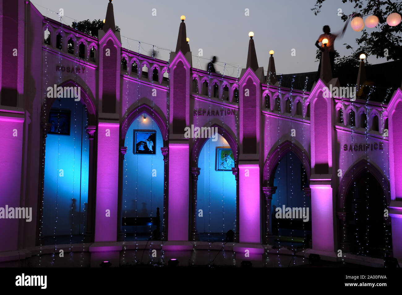 Mumbai, Maharashtra, India, Southeast Asia - Christmas Day; Light Illuminated on Mount Mary Church, is a Roman Catholic Basilica located in Bandra. Stock Photo