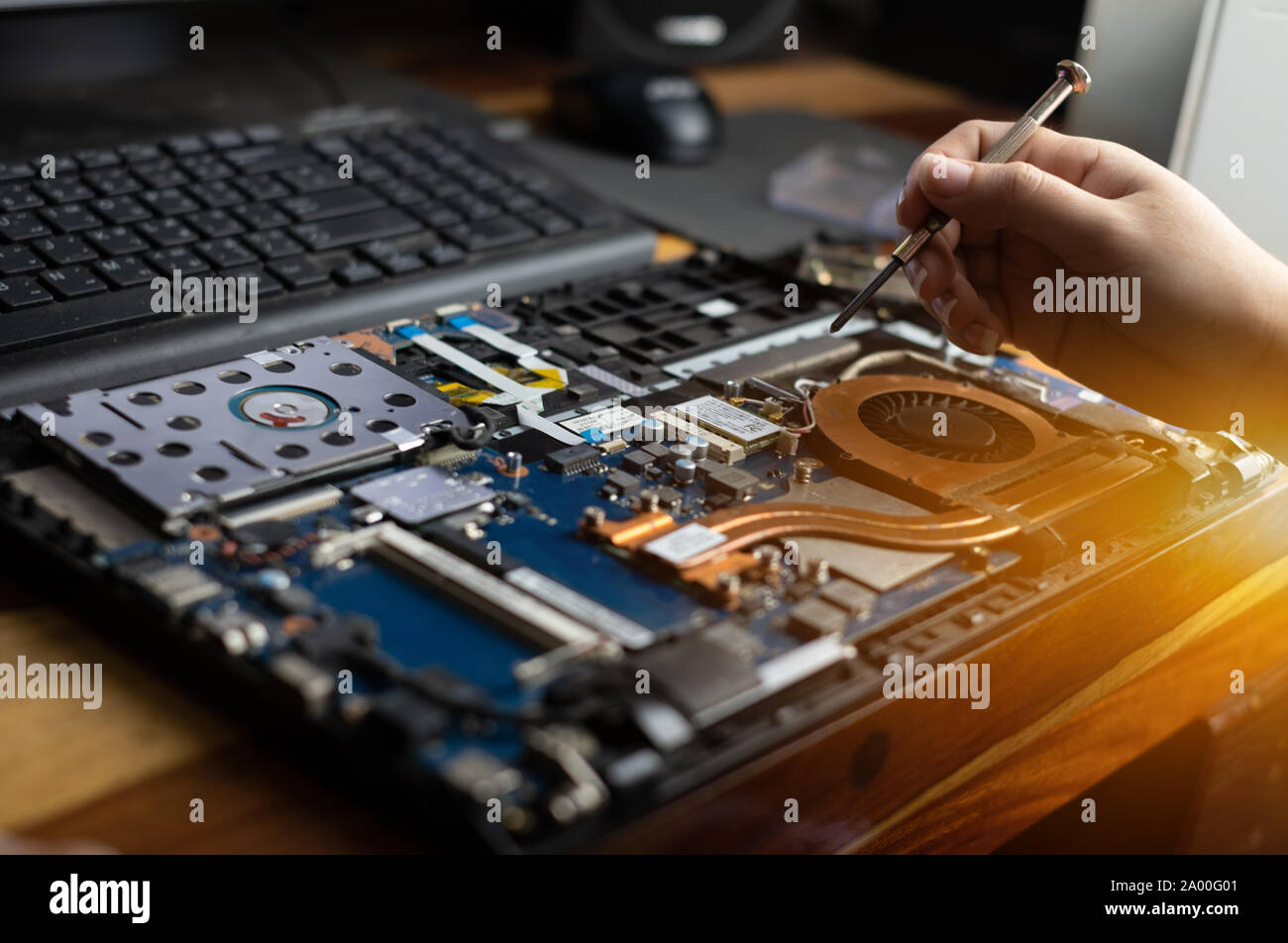 Technician repairing broken laptop notebook computer with screwdriver Stock Photo